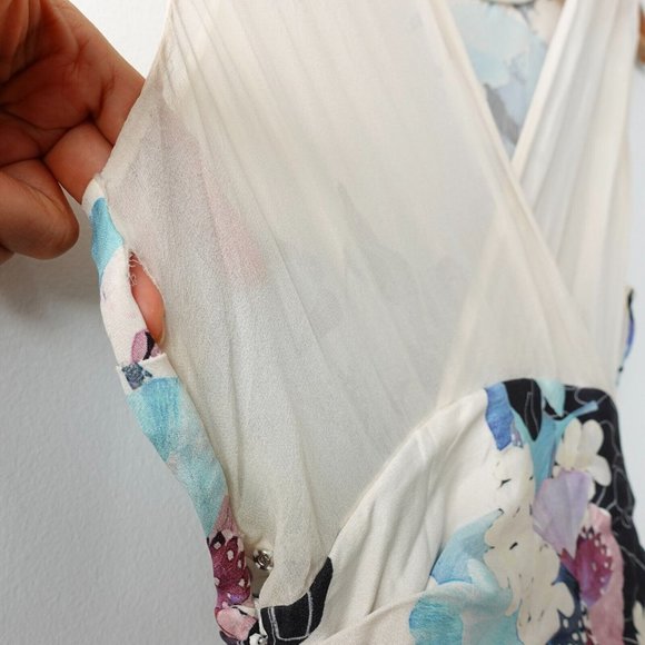 Floral Silk Dress Size Small White Mini Botanical Ruffle Cross Back Sheer Boho - Picture 10 of 16
